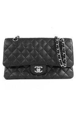 Chanel Classic Black Silver Caviar Leather Quilted 25 Double Flap Bag Chain